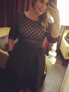 ELIZA J Fit and Flate Black Polka Dot Mesh Bodice Dress with 3/4 Sleeve - 14